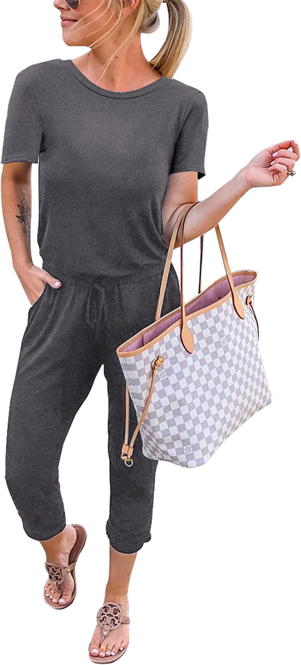 KIRUNDO 2025 Women's Casual Summer Jumpsuits Short Sleeve Crewneck Drawstring Elastic Waist Jumpsuit Romper With Pockets