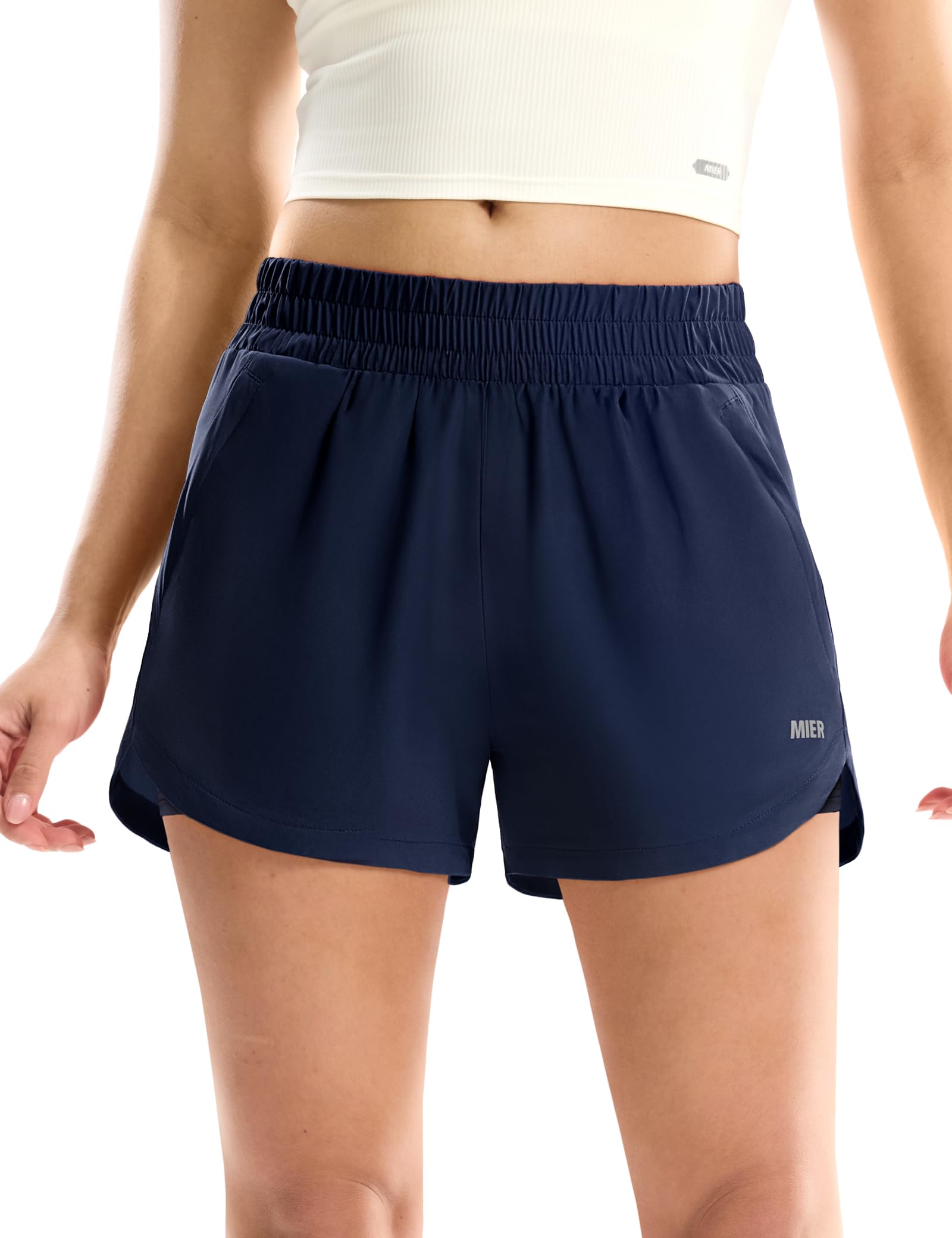 MIER Damen-Laufshorts mit Netzfutter, 7,6 cm, mittlere Taille, 2-in-1, schnelltrocknend, Workout, Fitnessstudio, Sport-Shorts mit Reißverschlusstaschen