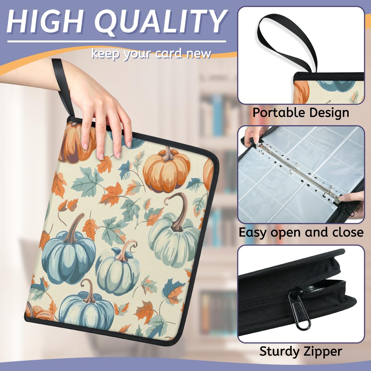 Carpeta de tarjetas coleccionables de 9 bolsillos, hojas de otoño, carpeta para tarjetas, carpeta de acuarela, álbum de tarjetas de calabaza con fundas extraíbles, libro de tarjetas impermeable con