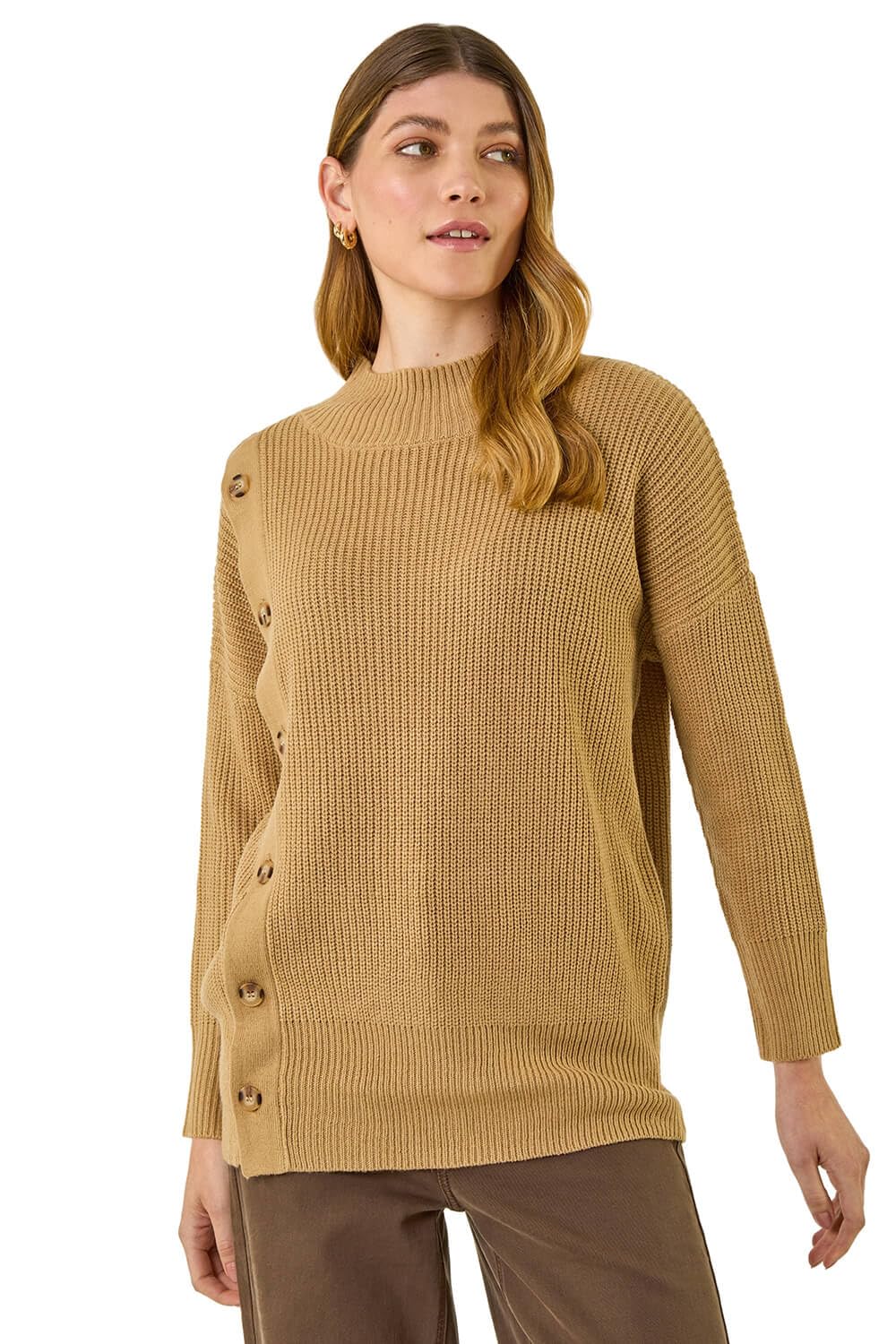 Roman Women's Tan Side Buttoned Knit Jumper In | Size: 20