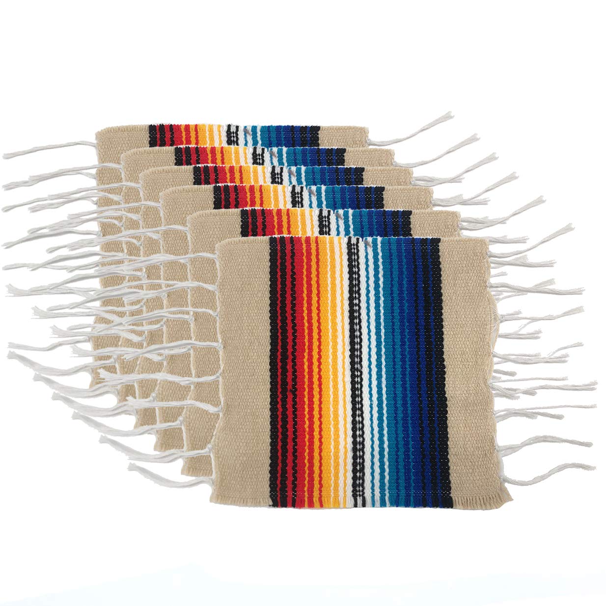 Mexican Serape Coaster Set for Mexican Party and Wedding Decorations, 6 inch x 6 inch (Beige 6 Pack)