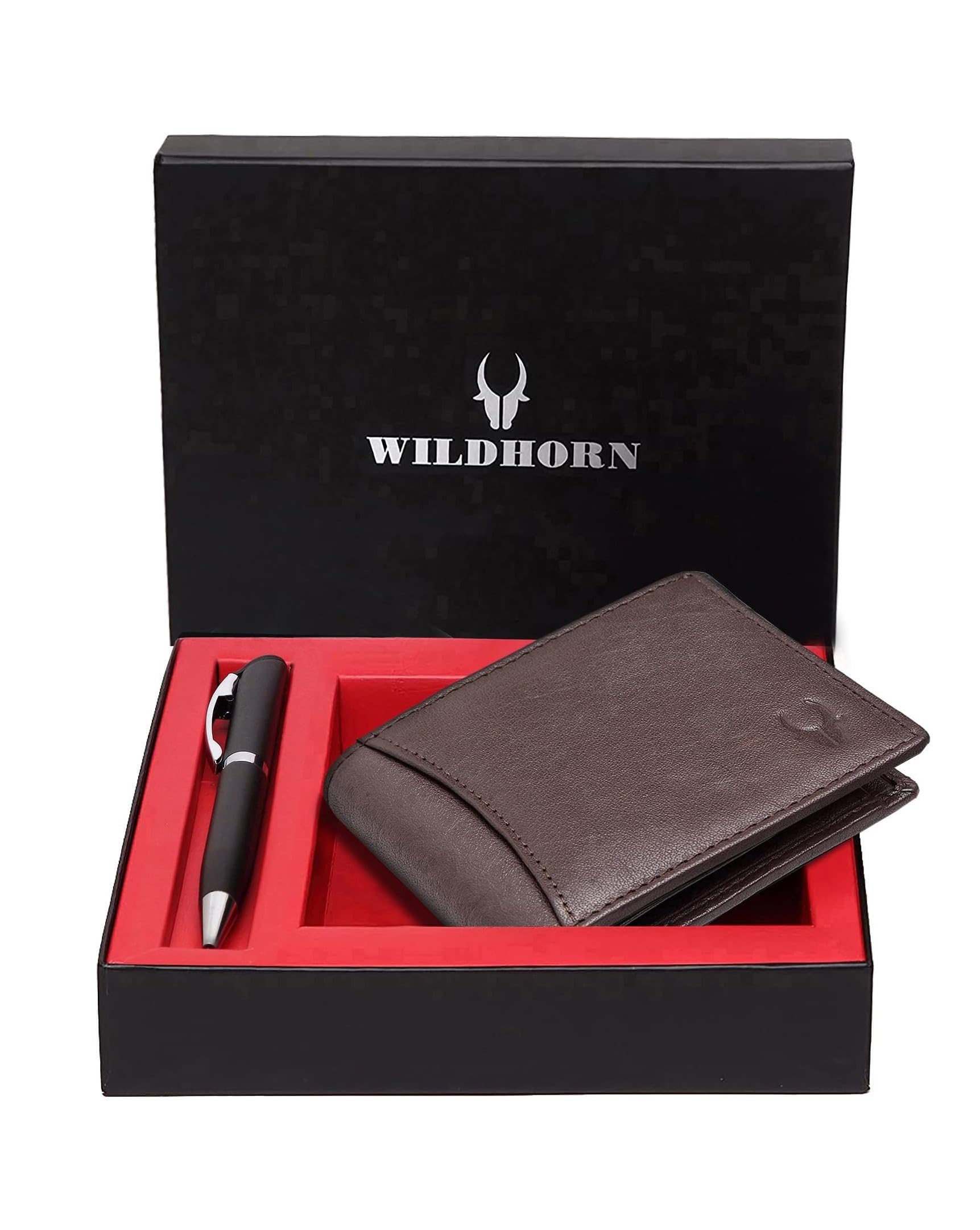 WildHorn ® RFID Protected Brown Genuine Leather Men's Wallet and Pen Combo