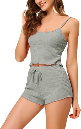 cheibear Womens Pajamas, Lounge Set, Crop Tank Top and Shorts, Room Wear, Sleeveless, 2-Piece