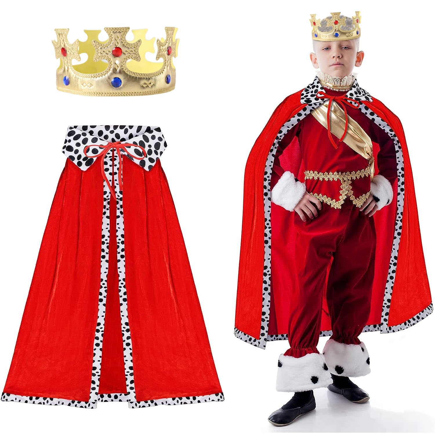 Peysaitr King Costume Set for Kids, King Queen Red Cape Gold Crown Kings Coronation Costumes for Children Prince Cosplay Birthday Party Dress Up Halloween, Role Play Dress up Accessories