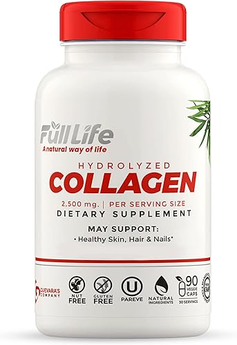 Full Life Suplementos de colágeno hidrolizado, píldoras de colágeno bovino para mujeres y hombres, cápsulas de colágeno kosher, sin gluten, 90