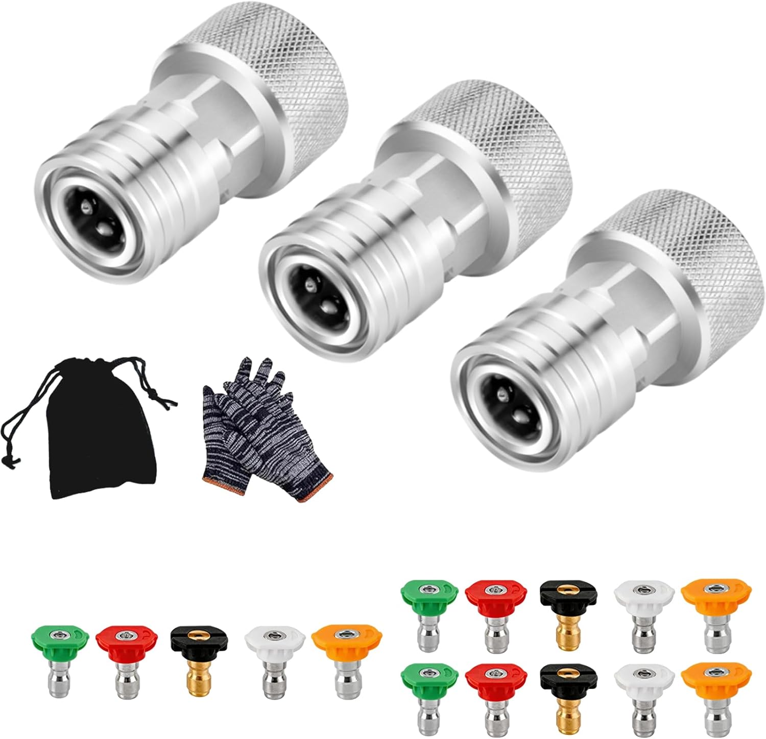 Garden Hose to Mini Power Washer Adapter-3/4" GHT to 1/4", Garden Hose Pressure Washer Attachment, Stainless Steel Connector Adapter Quick Installation (Connector with 5 Nozzle Set*3)