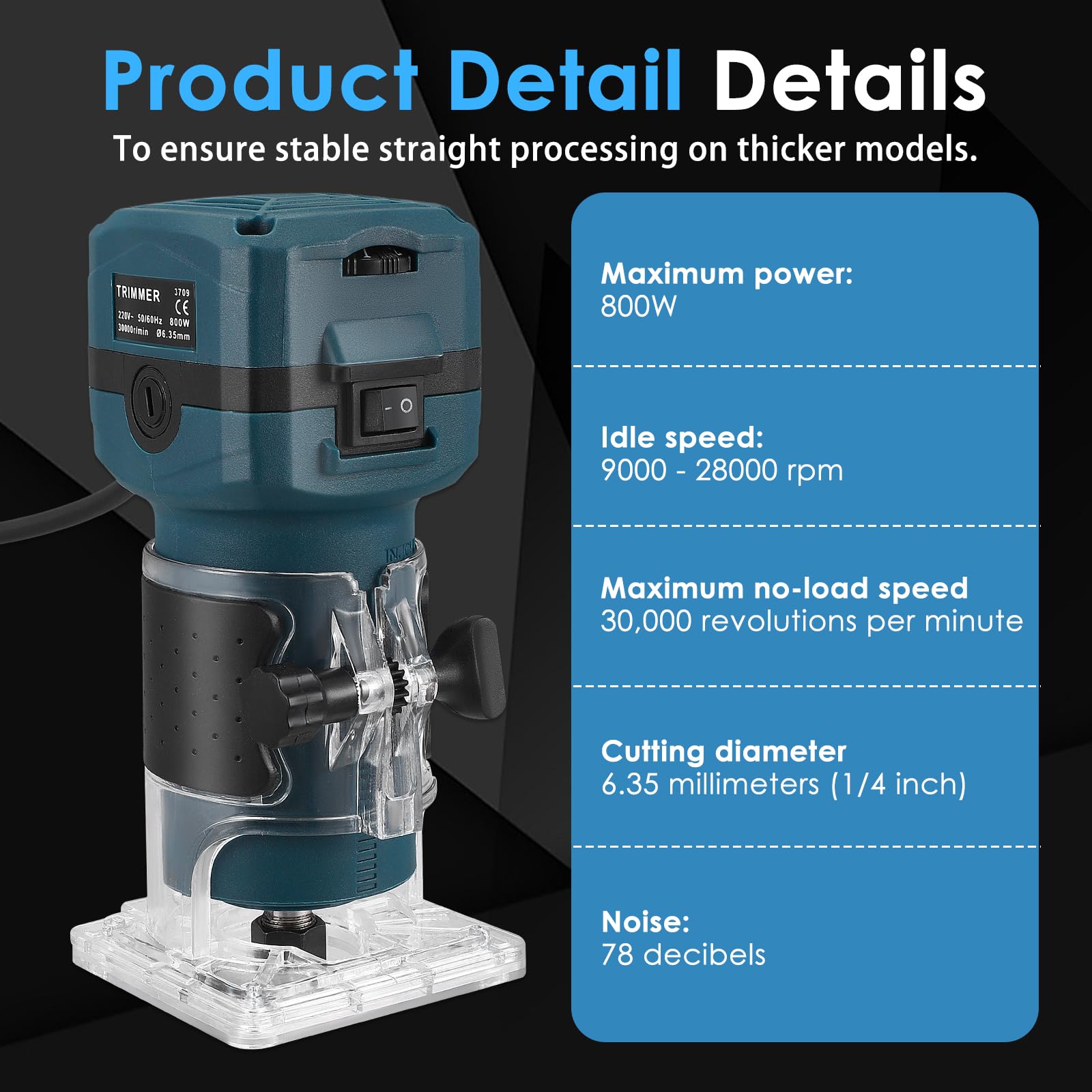 Fresadora Madera Fresadora Rebajadora Eléctrica 800W, 6 Velocidades 10000-30000 RPM, Fresadora de Mano con 15 Piezas Fresas 1/4" y Caja de Madera, Pinza 6.35mm Enchufe UE Azul para Carpintería