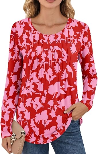 Women Long Sleeve Shirts Tunic Tops for Leggings Graphic Pleated Scoop Neck Long Sleeve Blouses Dressy Casual Tees