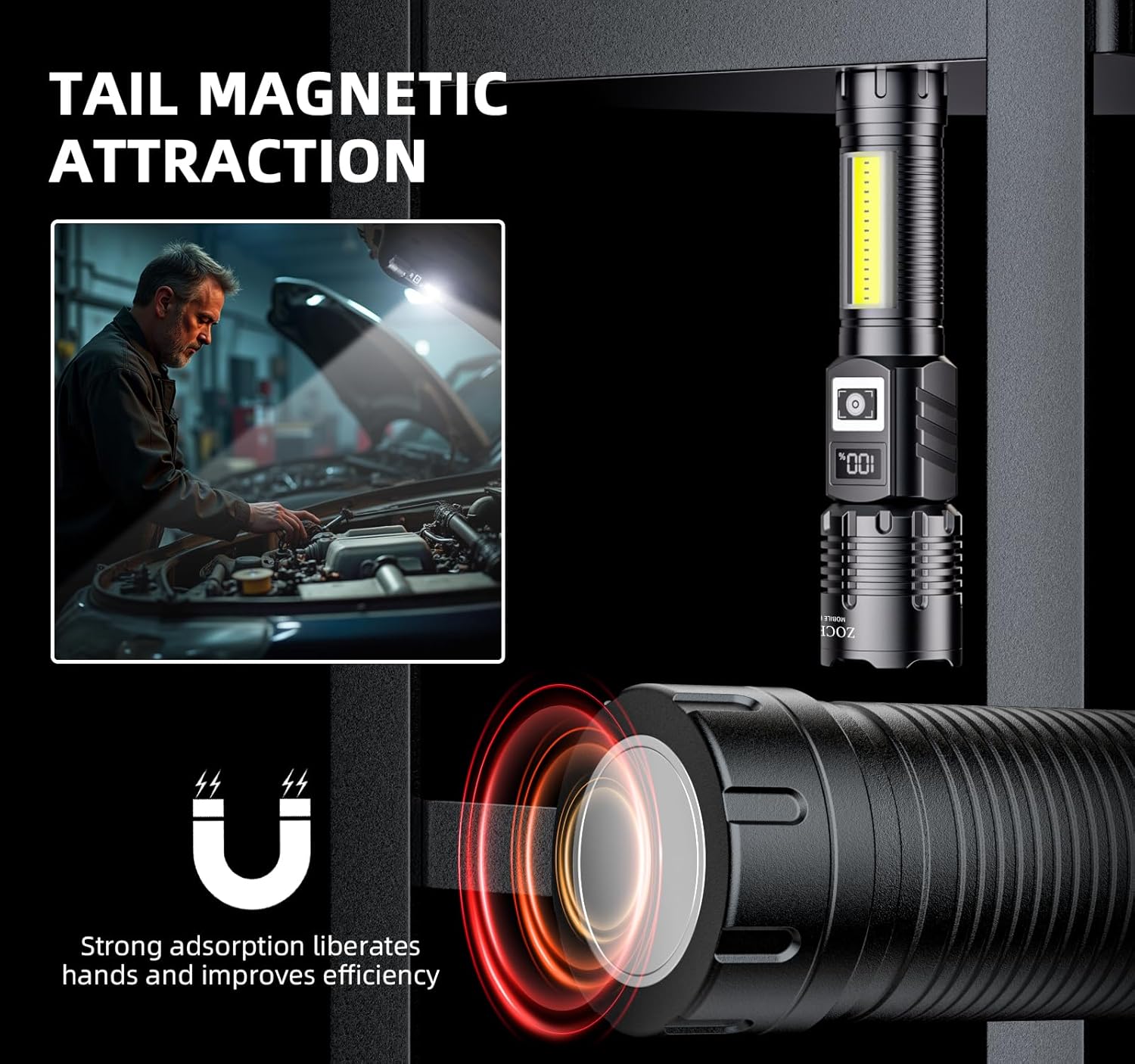 Rechargeable Flashlight High Lumens Small led Flashlight 5 Modes LCD Digital Display Extendable Magnetic Base Zoomable Flash Light for Tactical Camping Emergency EDC