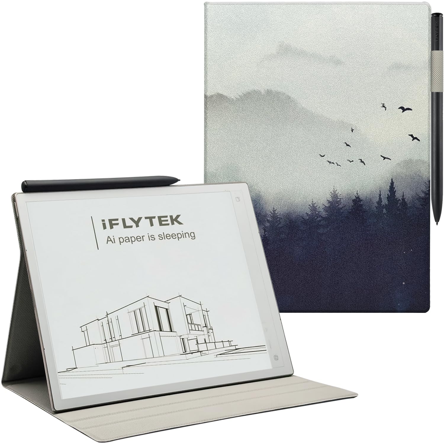 Custodia a libro con supporto magnetico per iFLYTEK AINOTE 2 (2025) ultra sottile e leggera in pelle PU di alta qualità con portapenne integrato, spegnimento automatico (foresta nebbiosa)