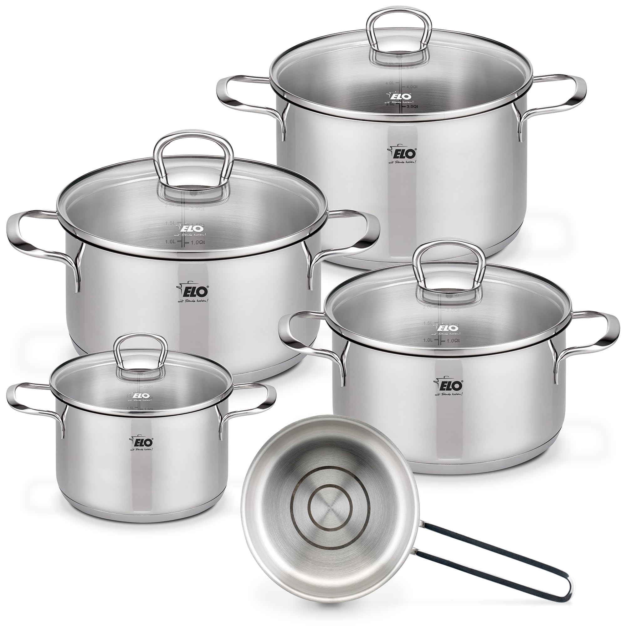 ELO Jaspis Topfset Edelstahl 5-teilig – Öl-Dosiersystem, Induktion & Glasdeckel