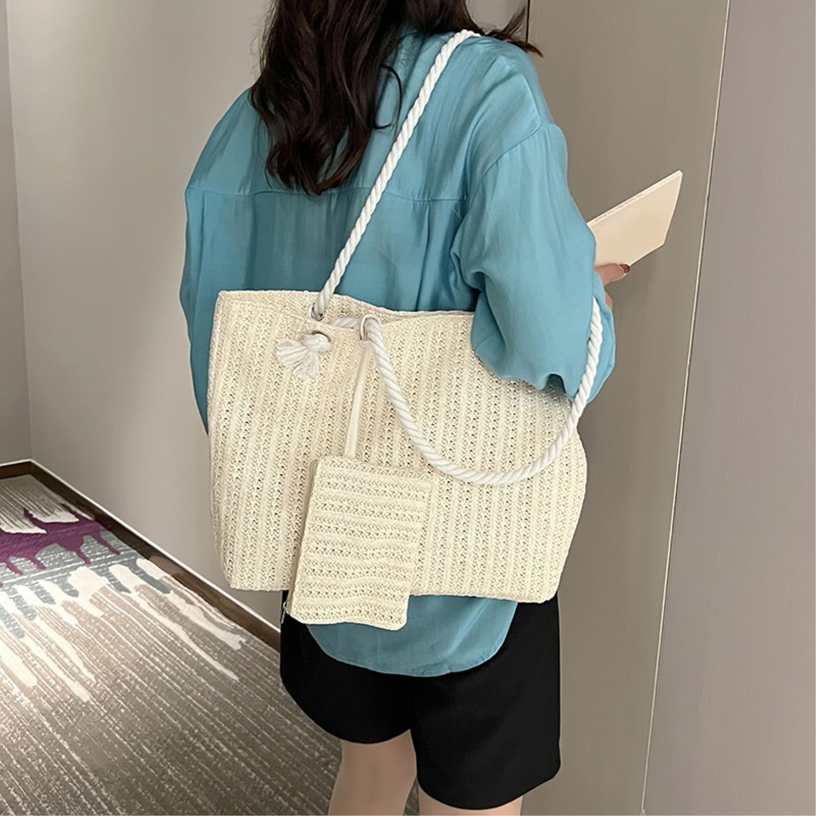 Borsa Spalla Paglia Tessuta con A di Spiaggia Grande capacità Maniglie Corda Spessa della Abbinamento per Lo Shopping Viaggio-setbeige