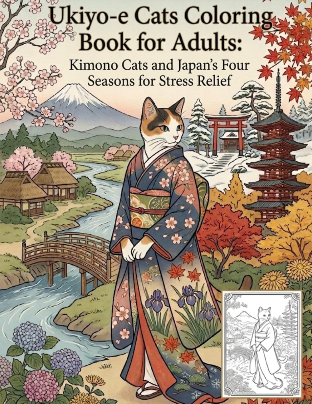 Ukiyo-e Cats Coloring Book for Adults: Kimono Cats and Japan's Four Seasons for Stress Relief: Japanese Woodblock Print / Traditional Japanese Art / Relaxation / Mindfulness / Coloring for Adults