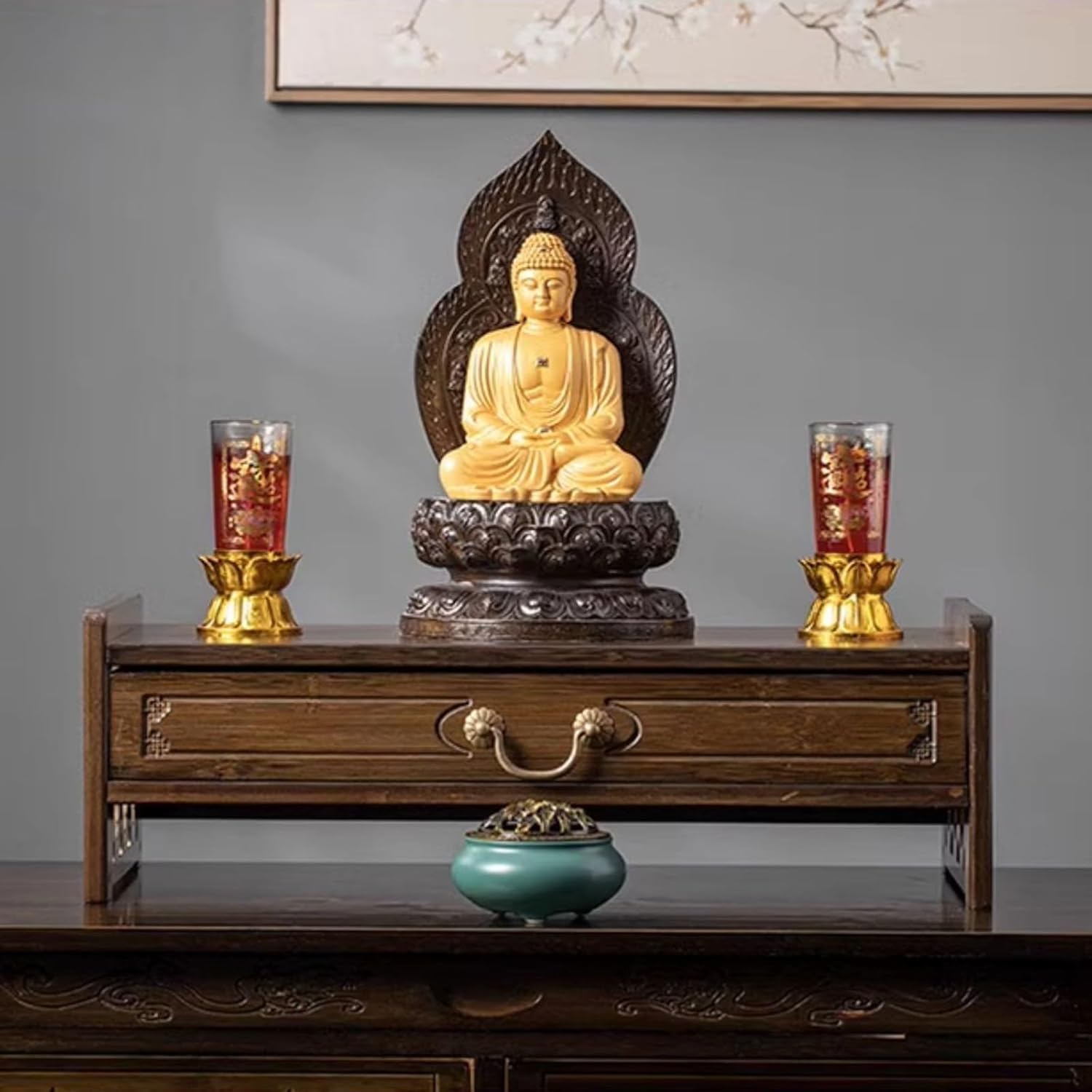 HARELA Meditation Altar Table with Storage, Small Meditation Table, Natural Bamboo Puja Table with Drawer, Buddhist Prayer for Small Spaces(Light Brown,42cm/16.5in)