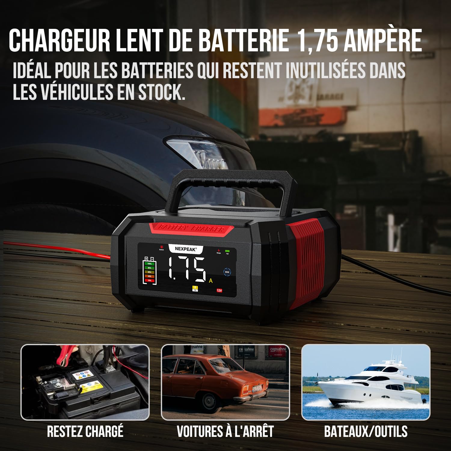 15A Chargeur de Batterie de Voiture, NEXPEAK NC315 12V/24V Chargeur de Batterie Rangement des câbles Intelligent Automatique avec Compensation de Température pour Les Batteries Plomb-Acide et LifePO4