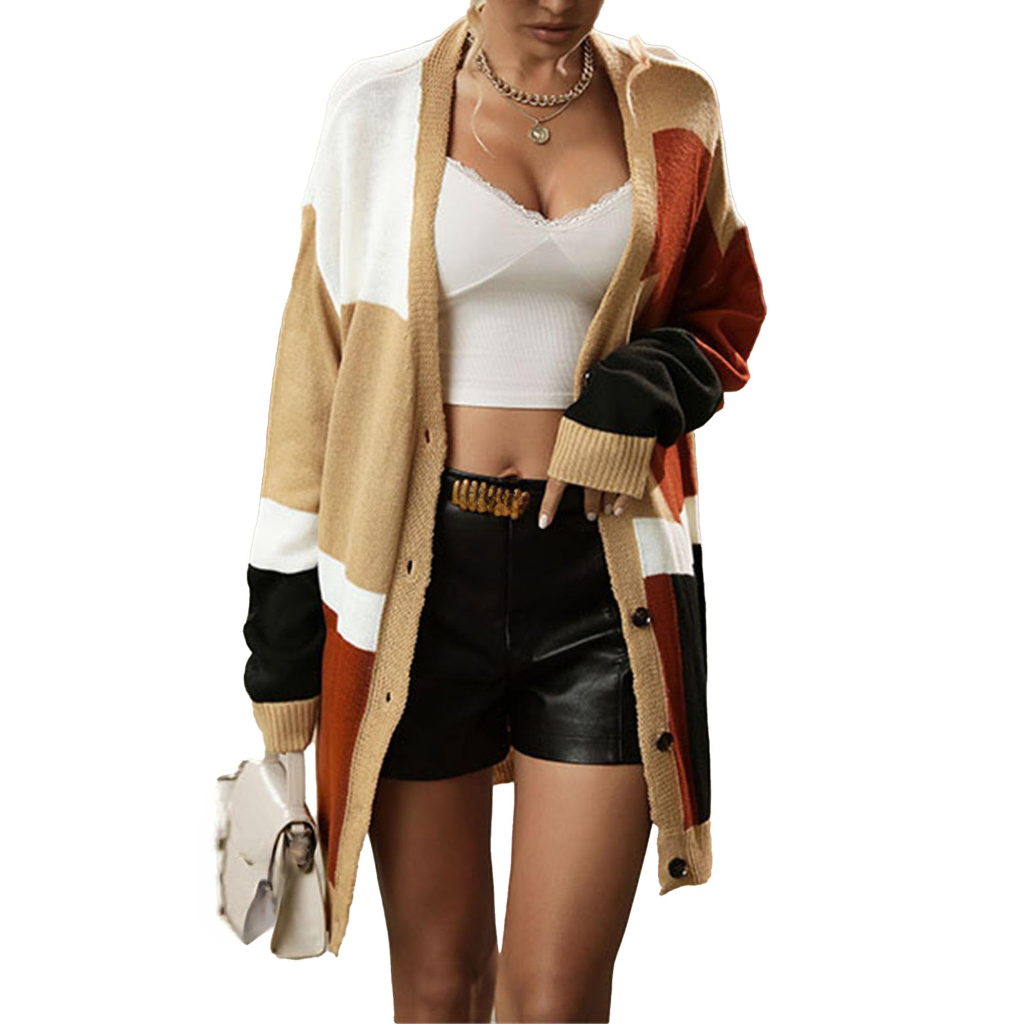 Women's Striped Cardigan Sweaters 2025 Color Block Knit Sweaters Outerwear Trendy Button Lightweight Long Coats (Large,Orange)