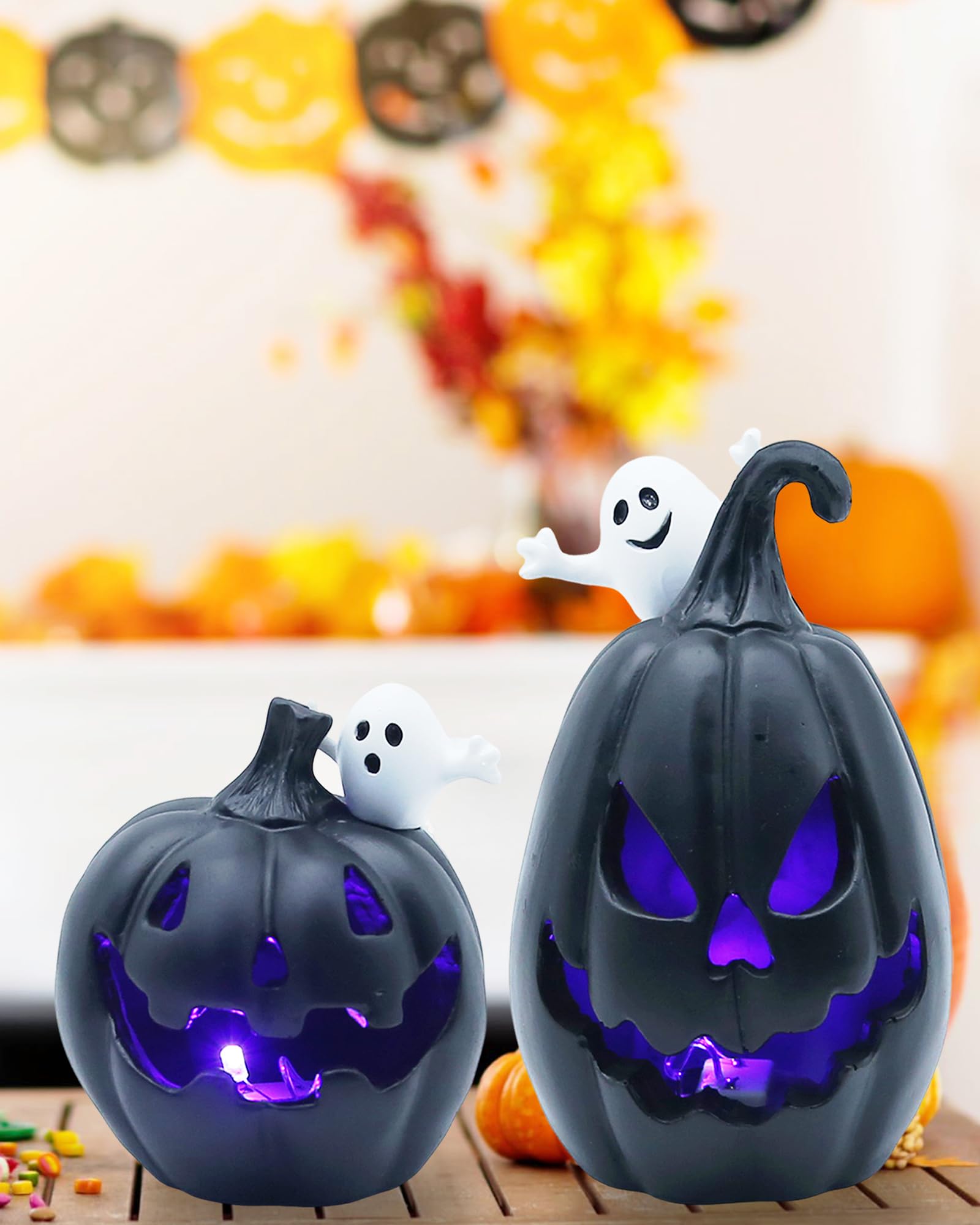 FESTGLOX 2PCS Light Up Jack-O-Lanterns Pumpkin Decor with White