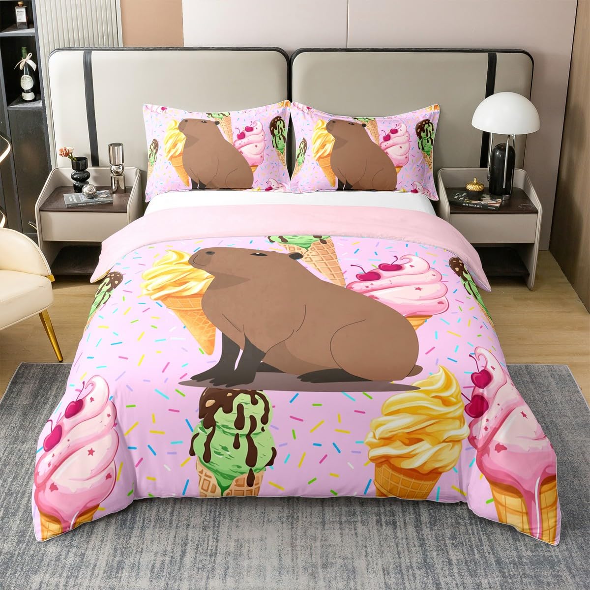 Housse de couette 140x200 enfant capybara coton parure de lit animal crème