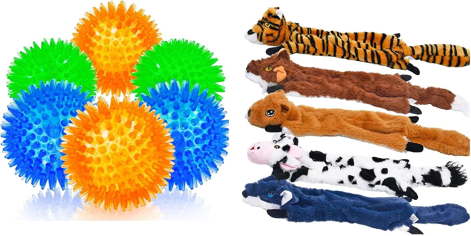 SHARLOVY Dog Squeaky Toys 5 Pack,No Stuffing Animals,and Squeaky Balls, Fetch Balls for Dogs Rubber 6 Pack Bright Colors TPR