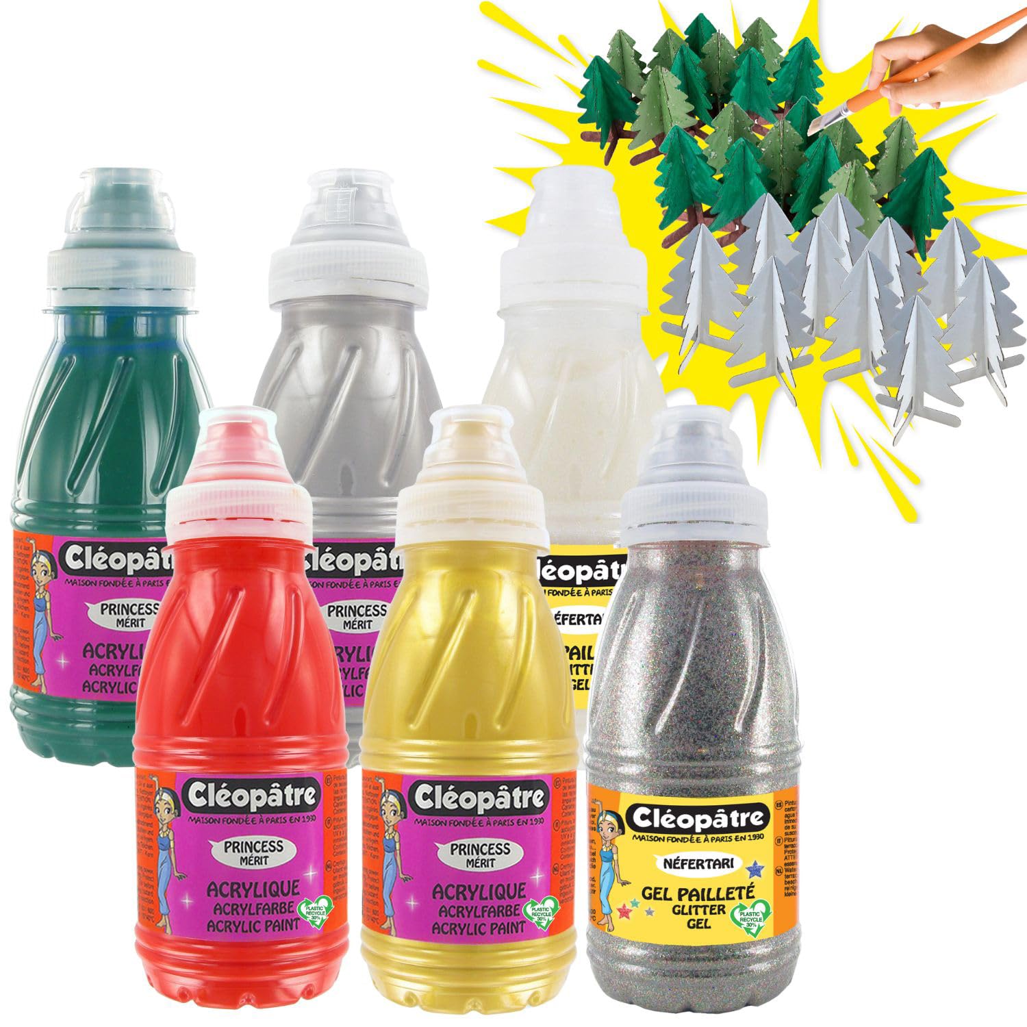 CLEOPATRE – Kit Peinture Acrylique et Gel Pailletés Noël, 30 Sapins en Carton à Décorer – Loisirs Créatifs pour Enfants - Lot de 6 flacons de 250ml