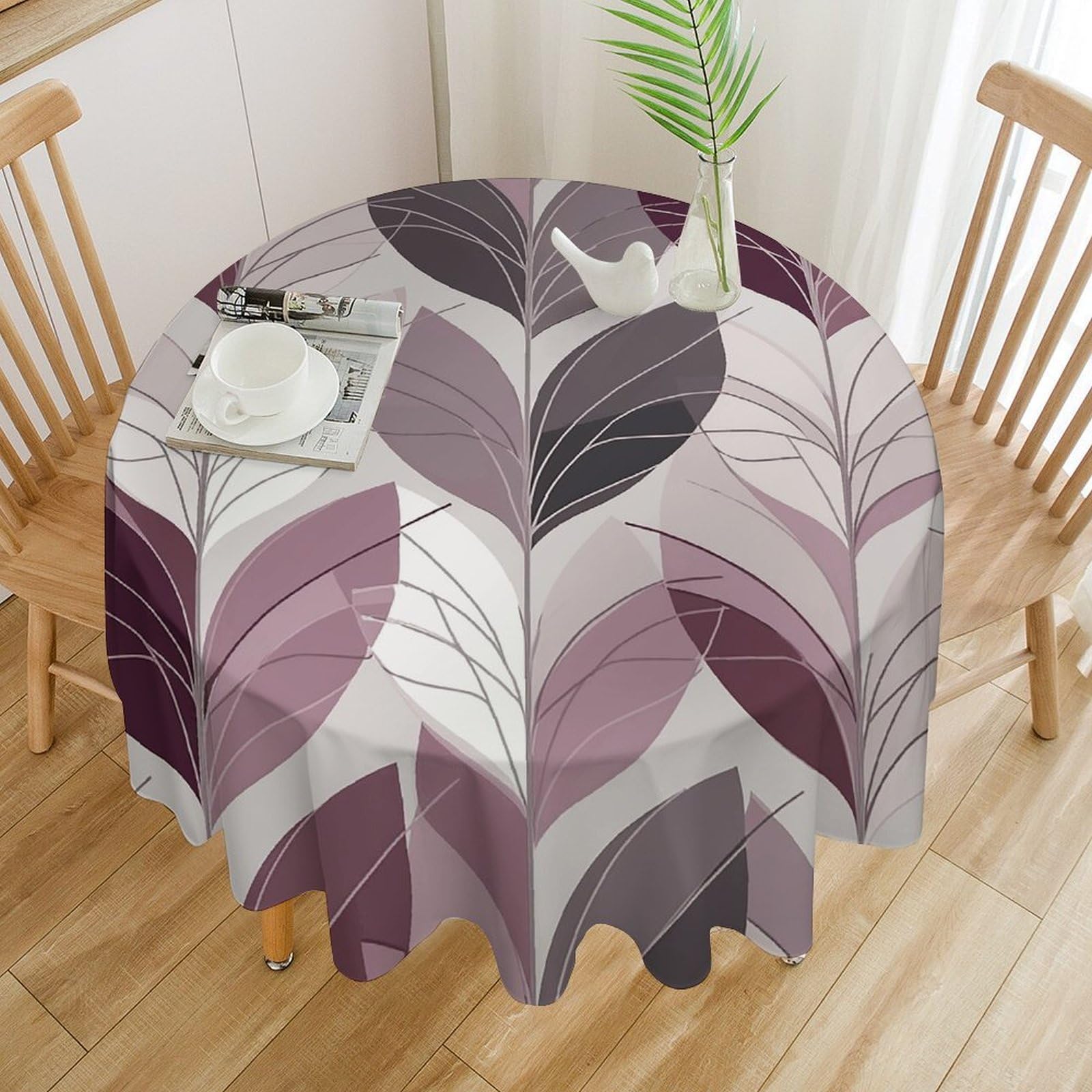 Nappe de table ronde violette et blanche pour décoration de buffet de mariage