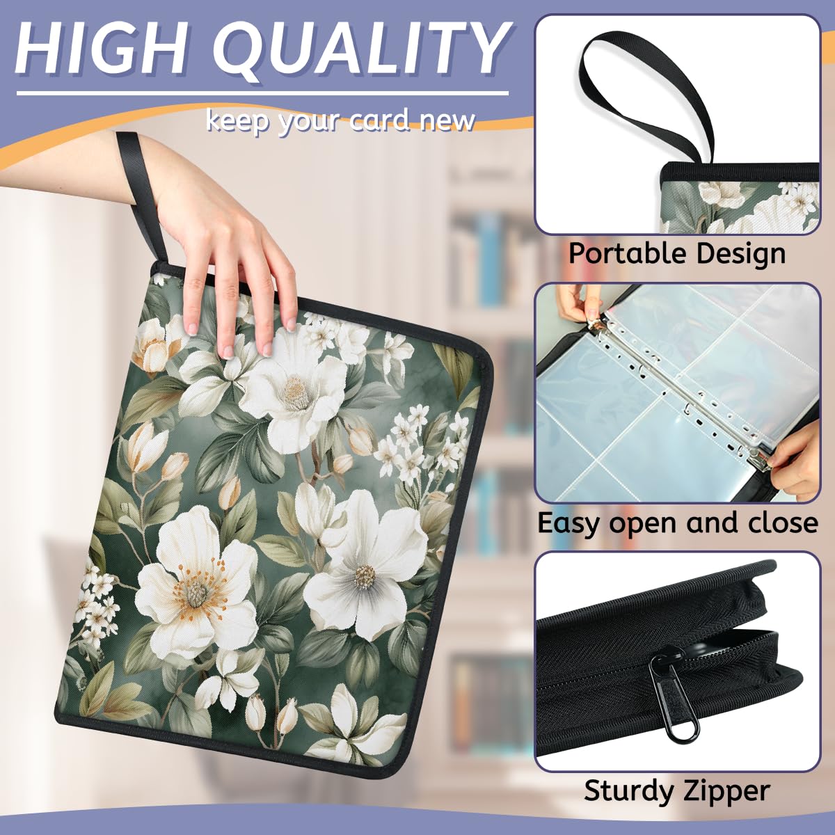 Carpeta de tarjetas coleccionables con 4 bolsillos, hojas de flores blancas pintadas, álbum de tarjetas con fundas extraíbles, libro de tarjetas impermeable con cremallera, capacidad para 50 páginas y