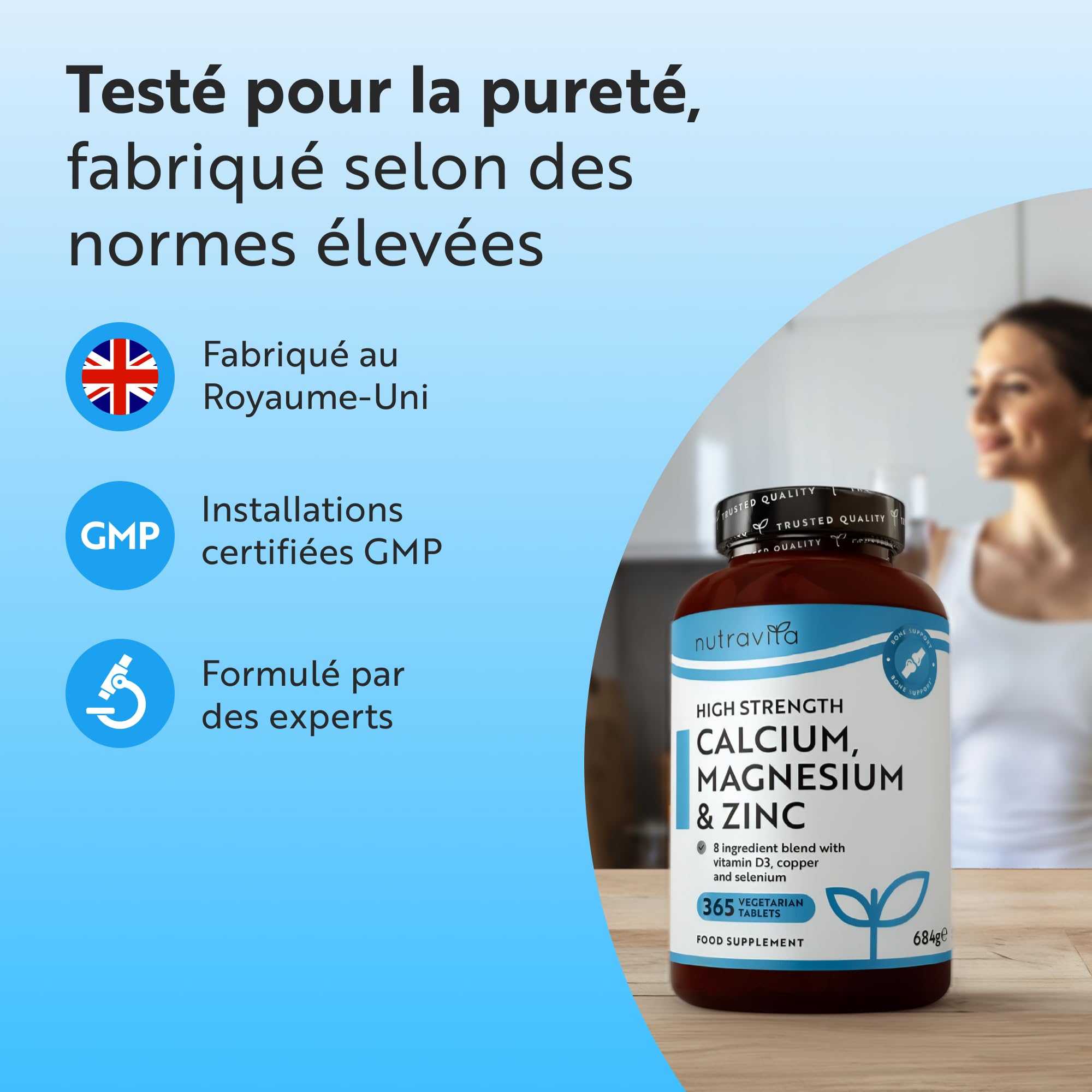 Calcium, magnésium, zinc enrichi en vitamine D3 - Supplément de haute résistance | 365 comprimés végétariens | Offre de 6 mois | Fabriqué au Royaume-Uni par Nutravita