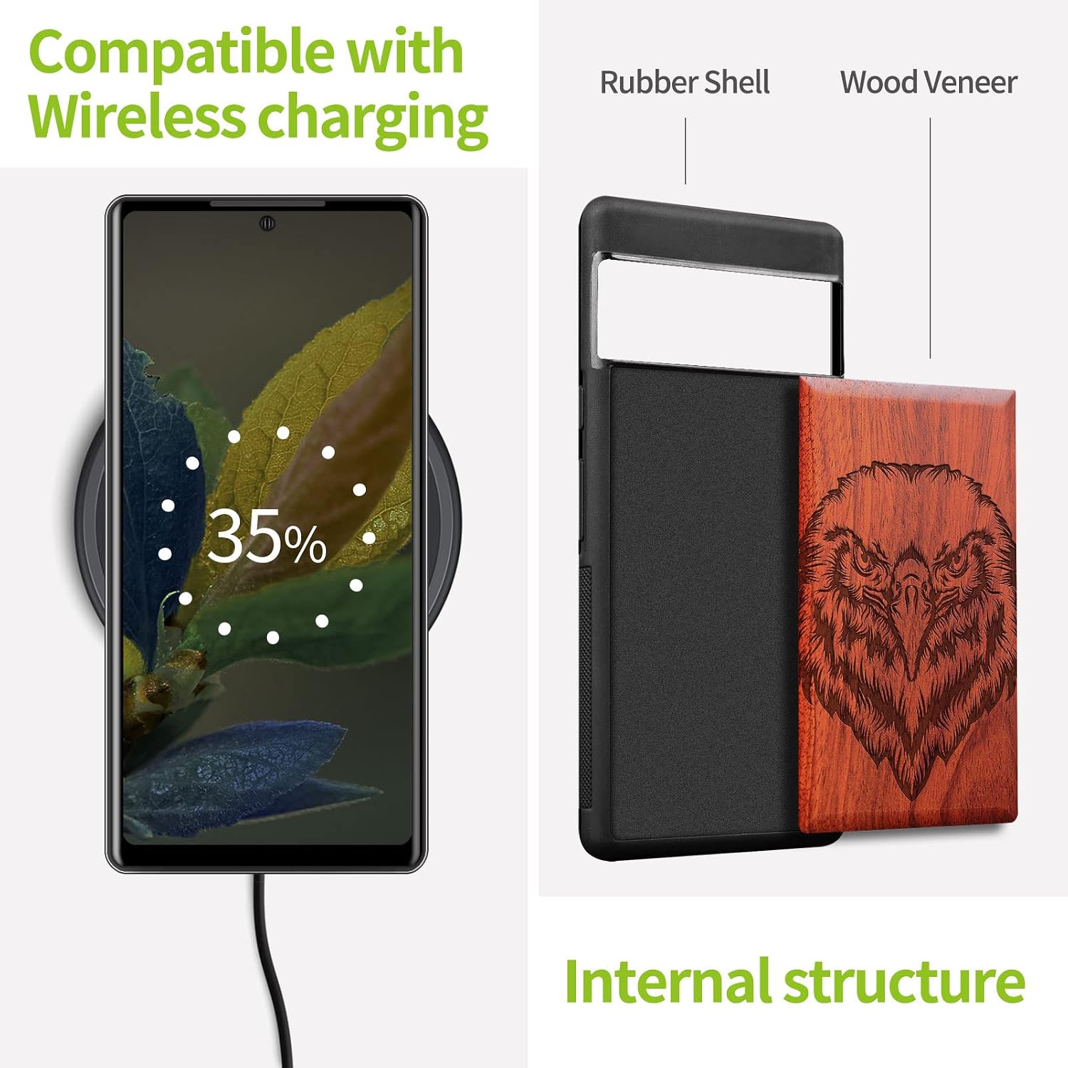 Carveit Wood Case for Pixel 6 Pro Case [Natural Wood & Black Soft TPU] Shockproof Protective Unique Wooden Cover Compatible with Google Pixel 6 Pro (Eagle Carving-Rosy)
