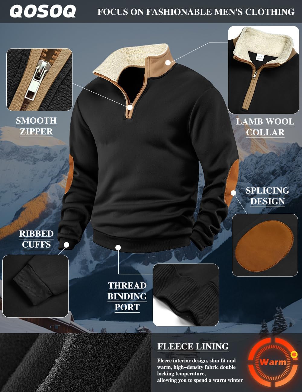 Men's Fleece Sweatshirts Vintage Quarter Zip Pullover shirt Casual Long Sleeve Sweatshirt warm tops - Image 6