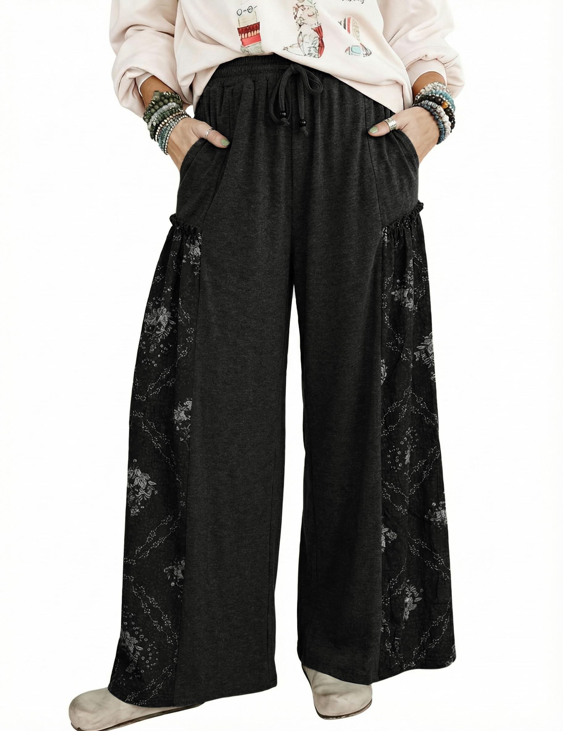Athlisan Womens Wide Leg Pants High Waisted Lounge Palazzo Printed Baggy Trousers with Pockets