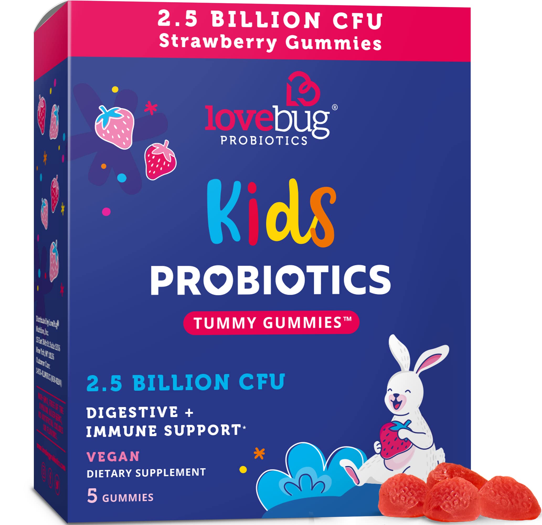 Lovebug Award Winning USDA Organic Probiotic Gummies for Kids | Soil-Based Probiotic | Vegan | Ages 3+ | Natural Fruit Strawberry Flavor | 5 Gummies