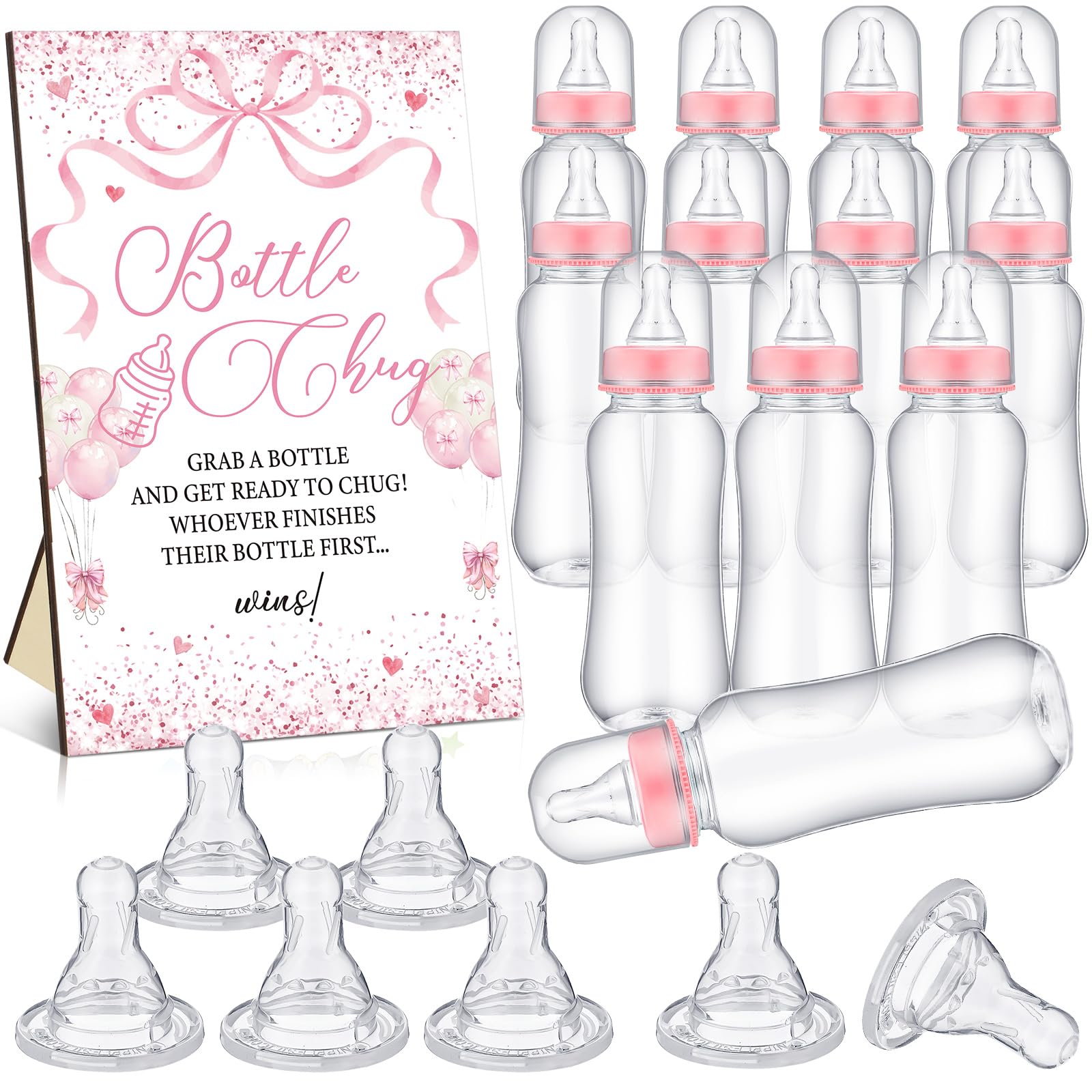 Trelaco 12 Pcs Pink Bow Themed Baby Shower Game Bottle Chug Wooden Sign Set