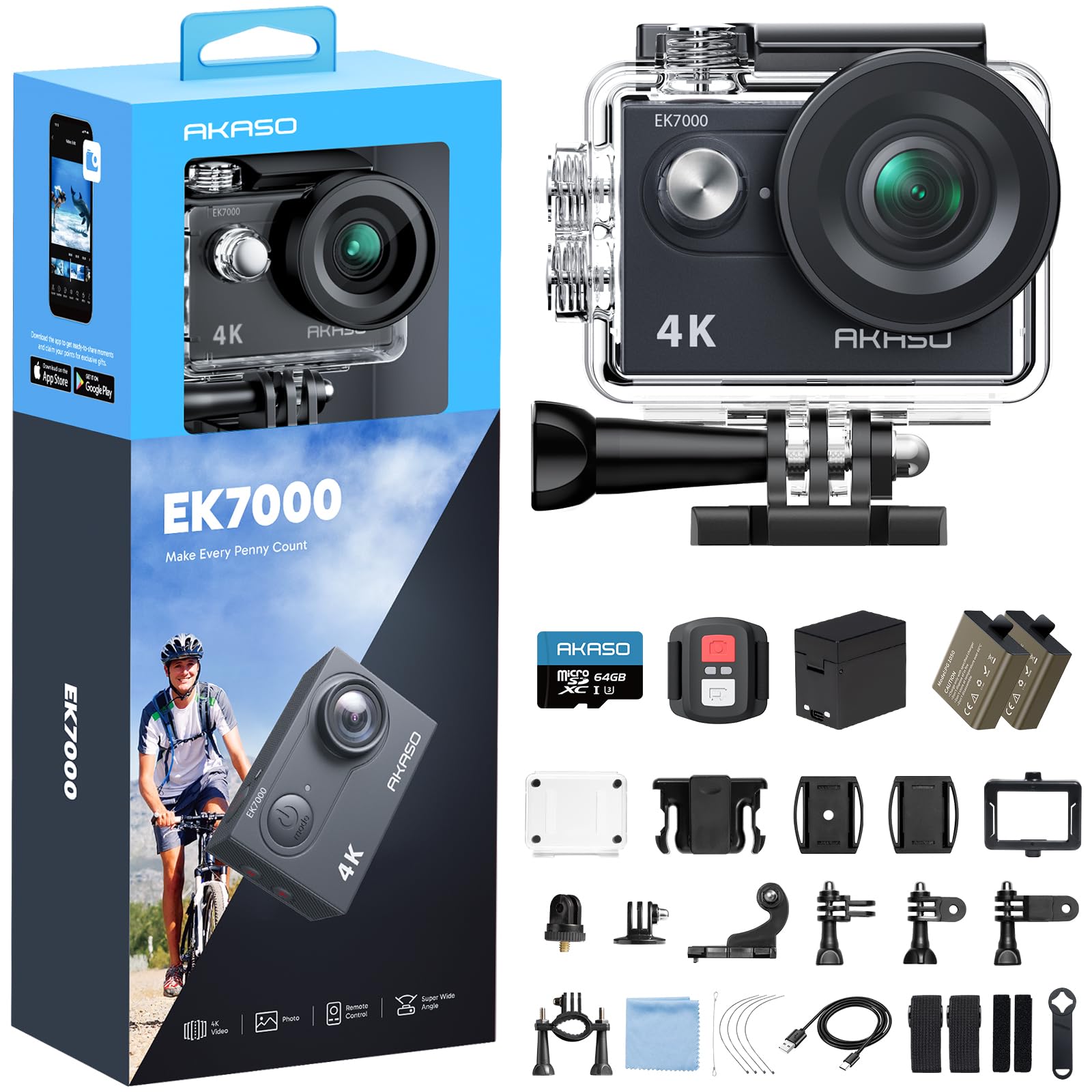 AKASO EK7000 Cámara Deportiva 4K con Tarjeta de Memoria microSDXC de 64GB Cámara