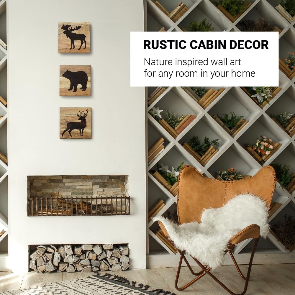 HomeRustique Real Wooden Cabin Decor with Bear, Deer and Moose (Set of 3) - Woodland Rustic Cabin Wall Decor & Art for Home, Living Room, Hunting Theme, Mountain Lodge or Bathroom
