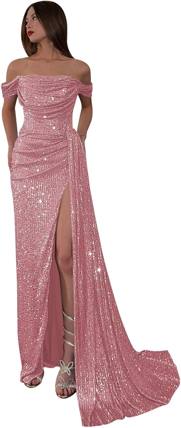 Mermaid Sequin Prom Dresses for Women 2026 Long Off The Shoulder Sparkly Ruched Evening Formal Dress with Slit