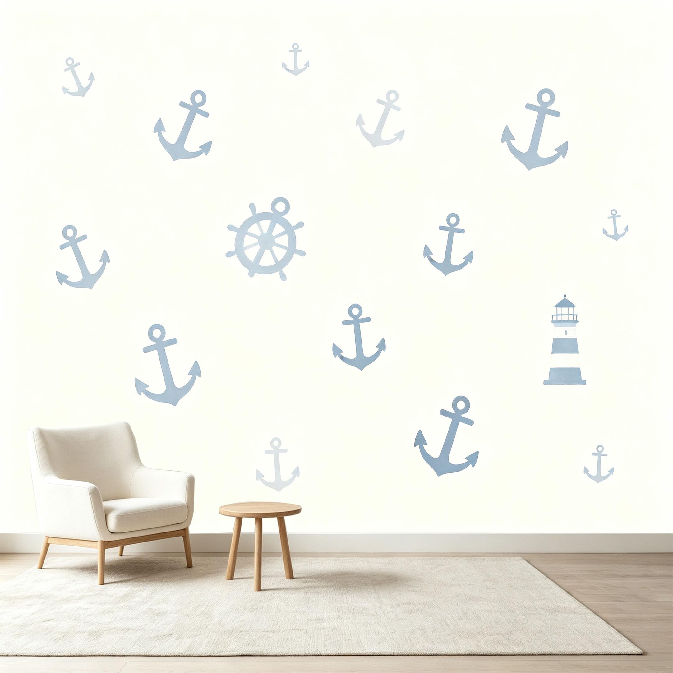 Custom Size Wall Murals Nautical Anchors Ship Wheel Lighthouse Blue Minimalist Print Self-Adhesive Wall Fabric Removable Wallpaper Wall Decor for Living Room Bedroom Bathroom