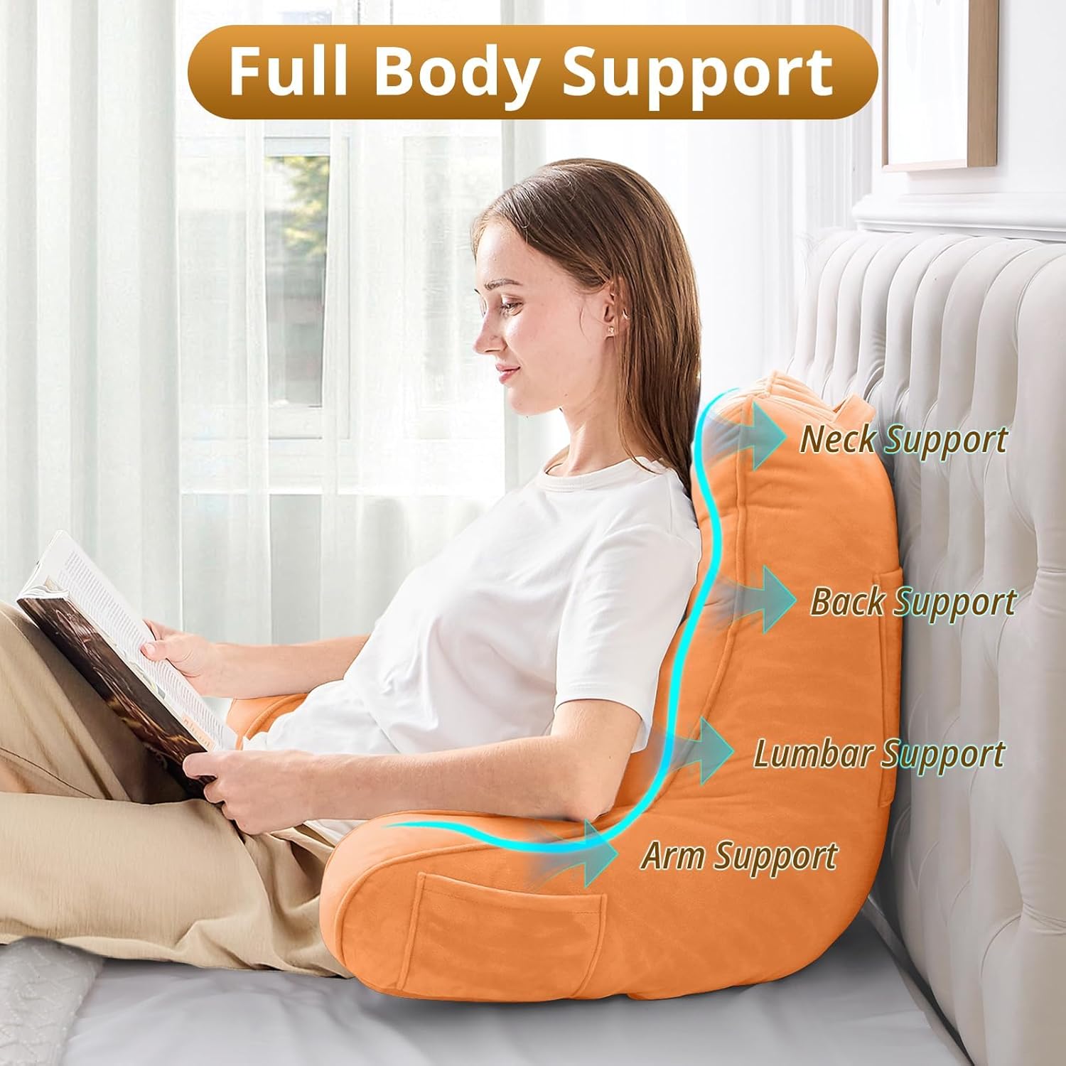 Sasttie Reading Pillow for Bed - 23 Inch, Back Pillow for Bed Sitting Up, Back-Rest Support Cushion with Side Pockets and Arms, Dorm Essentials, Oeko-Tex Certified, Orange