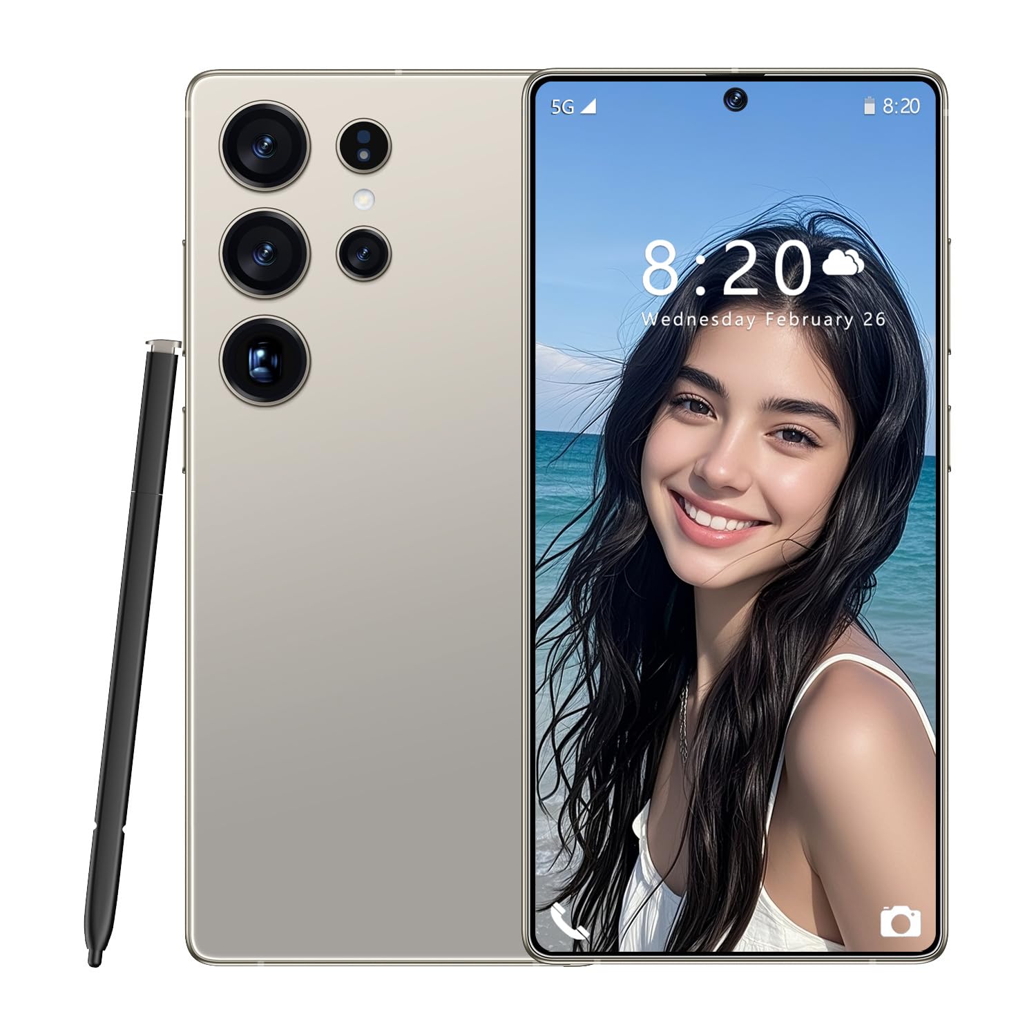 ULUCAN Telefono cellulare S26 Ultra con penna integrata a basso prezzo, schermo HD originale da 7,3 pollici con foro, versione globale 5G, telefono intelligente, sblocco tramite impronta,Gray-7.3IN