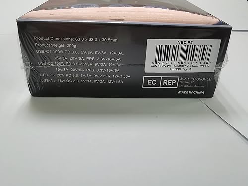 Miniatura 14 de MINIX NEO P3 100W Turbo Cargador de pared GaN de 4 puertos, 3 puertos USB-C adaptador de carga rápida (máximo 100W/20W), 1 USB-A (máximo 18W).