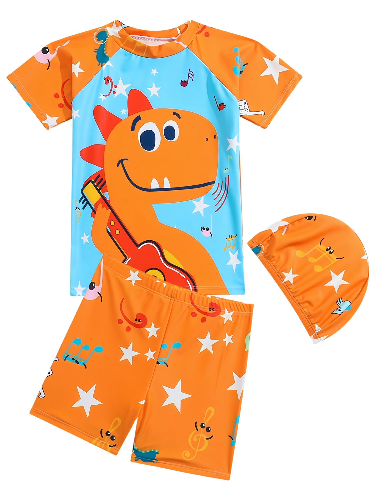 Maeau Traje de Baño Ninos Conjunto de 3 Piezas de Bañador Camiseta de Baño+Shorts de Baño+Gorro de Baño Protección UV - 1-5 años