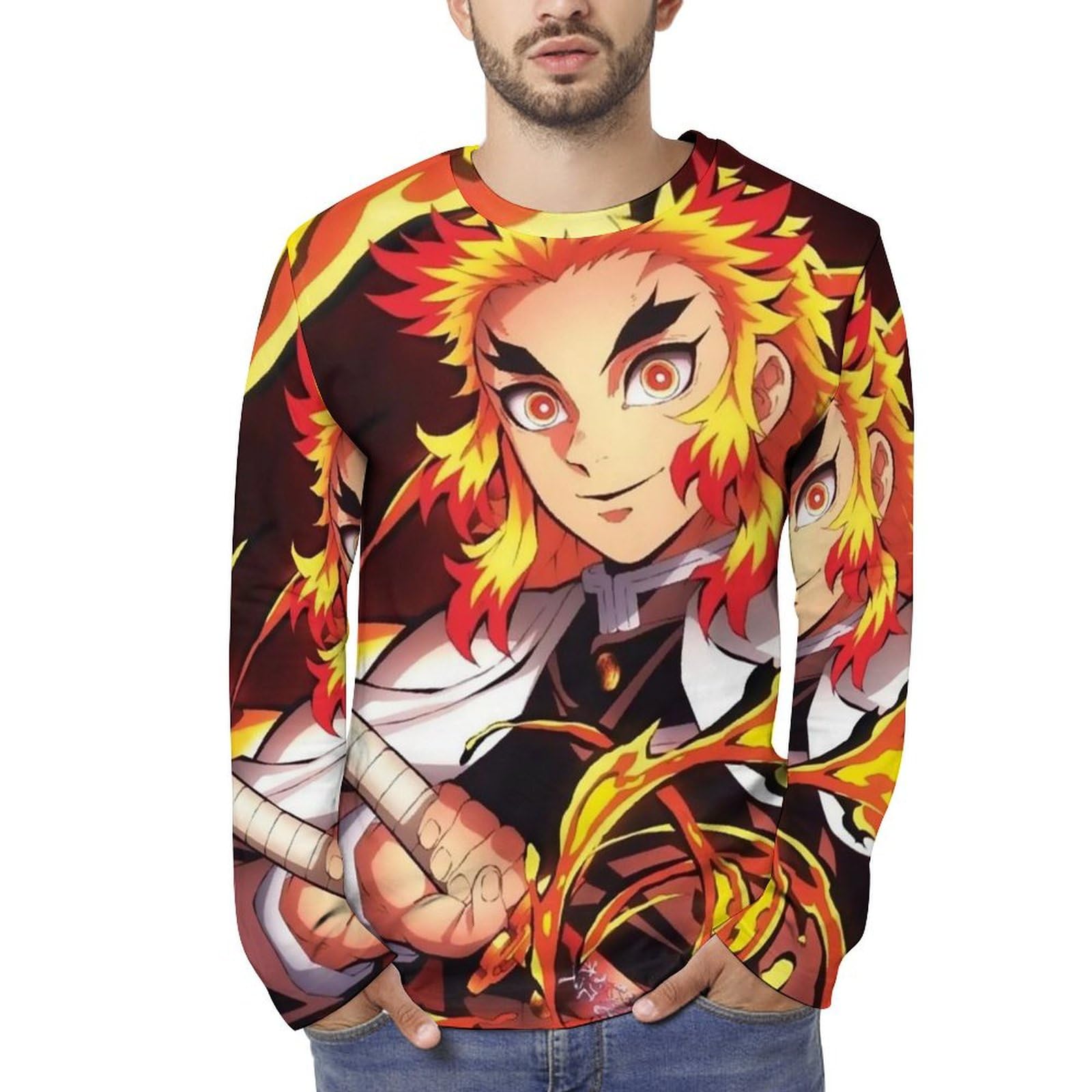 Amazon.co.jp: メンズ 長袖tシャツ 鬼滅の刃 炎柱 煉獄杏寿郎 ロングt
