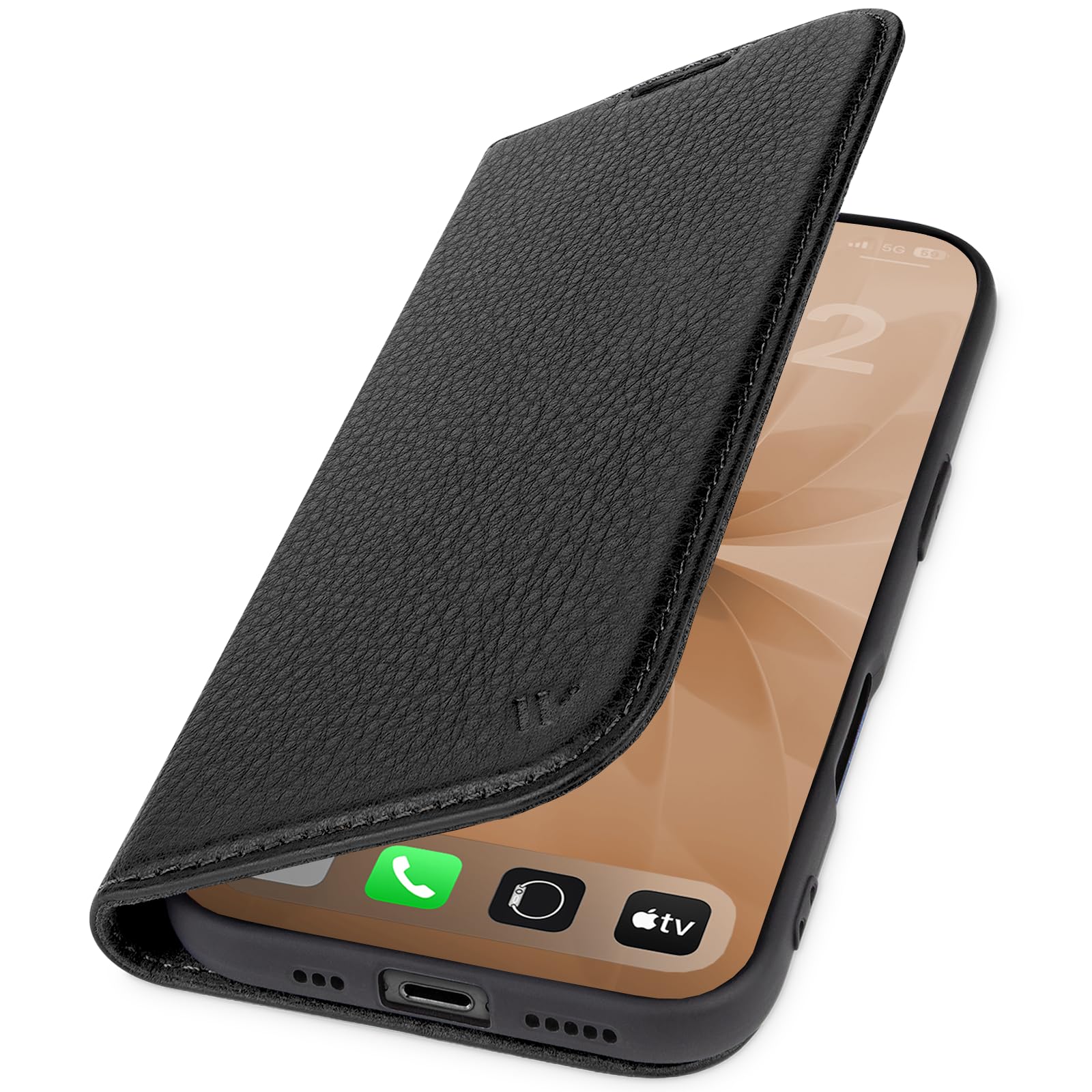 WIIUKA Hülle für iPhone 17 Pro, Leder aus Deutschland, mit Kartenfach, extra Dünn, Handyhülle mit Standfunktion, Tasche, Klapphülle, suiit, Teil, Schwarz