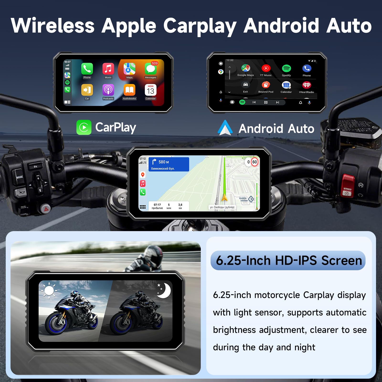 Vtopek Carplay Moto 6,25 Pollici Dashcam 4K+1080P Dual Camera Impermeabile Navigazione GPS Bluetooth Siri 64GB