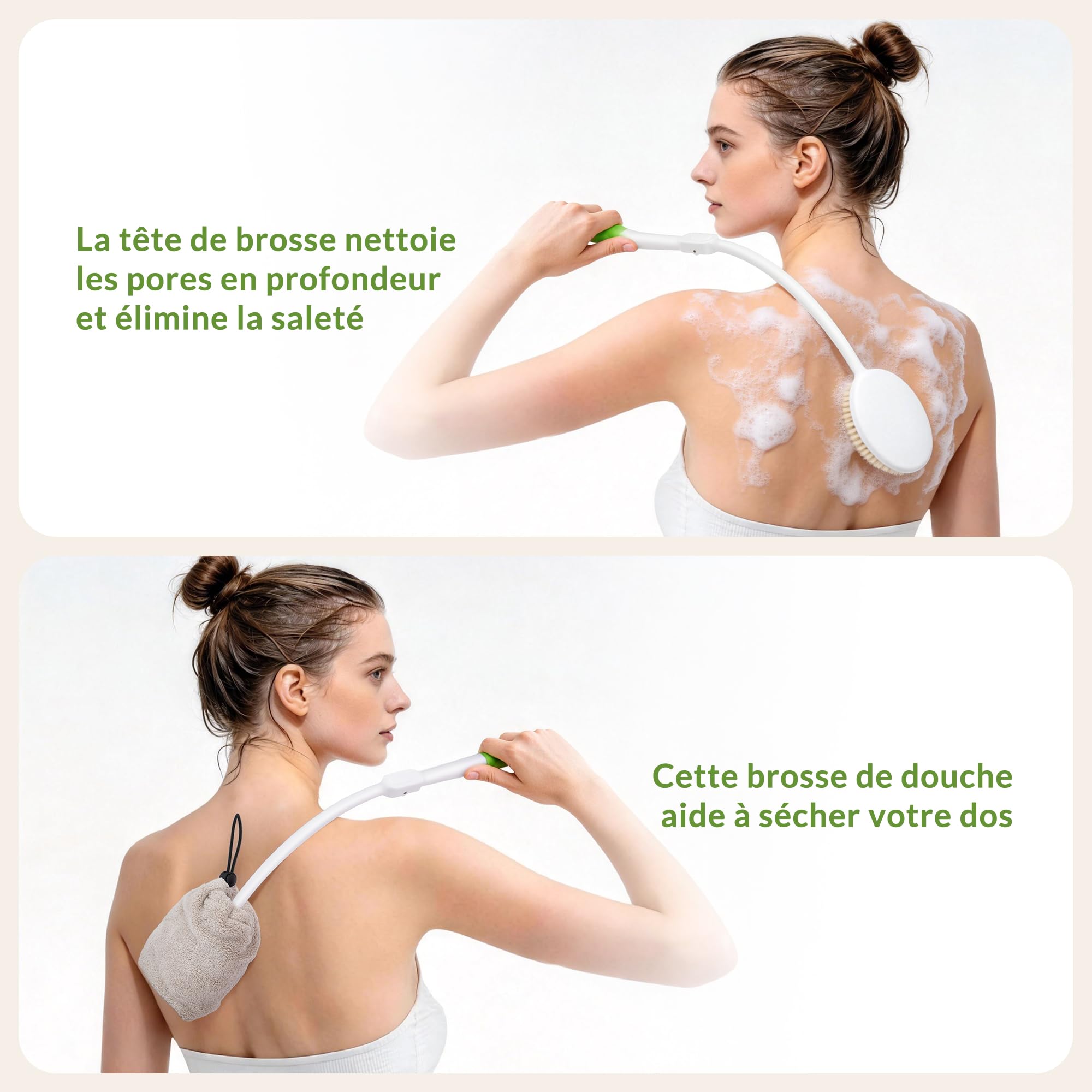 Brosse Dos Douche Pliable à Long Manche – Brosse pour le Dos Douches avec Poils Souples et Serviette Incluse, Brosses Douche Dos Ergonomique pour Nettoyage Corps Entier
