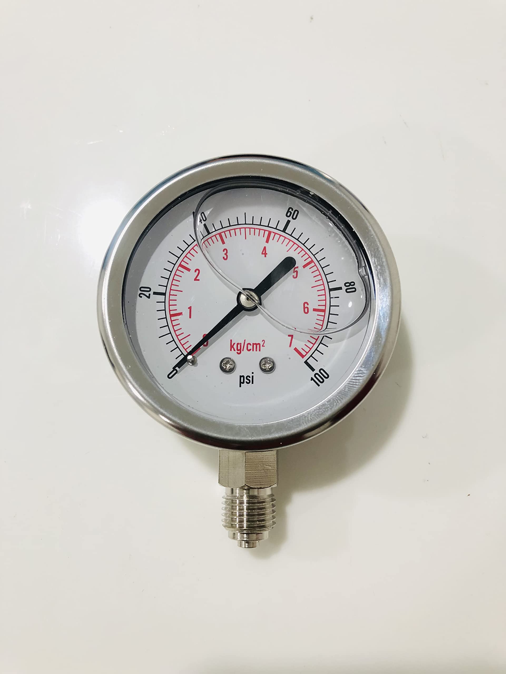 Glycerine Filled Inline Pressure Gauge 0-7 kg/cm² (63 mm) 1/4" BSP (M) With Highly Calibrated & Rugged stainless steel construction 0-100 PSI