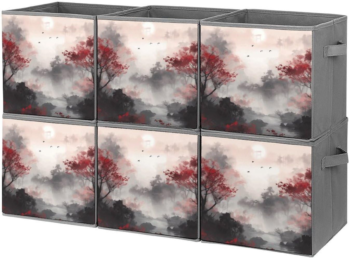 Tree Patterns Storage Cubes Set of 6 Storage Bins with Handles Collapsible Storage Basket Fabric Storage Box for Shelves Large Closet Shelf Organizer for Organization 11 Inch