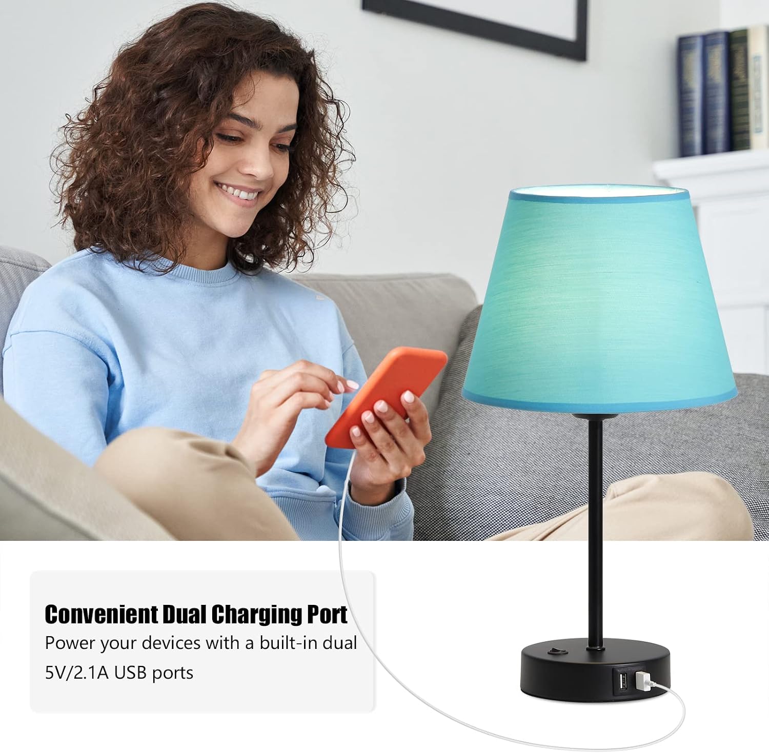 JS NOVA JUNS Set of 2 Table Lamps with USB Ports, Bedside Nightstand Lamps with Blue Fabric Shade for Bedroom Living Room Study Room Office Dorm