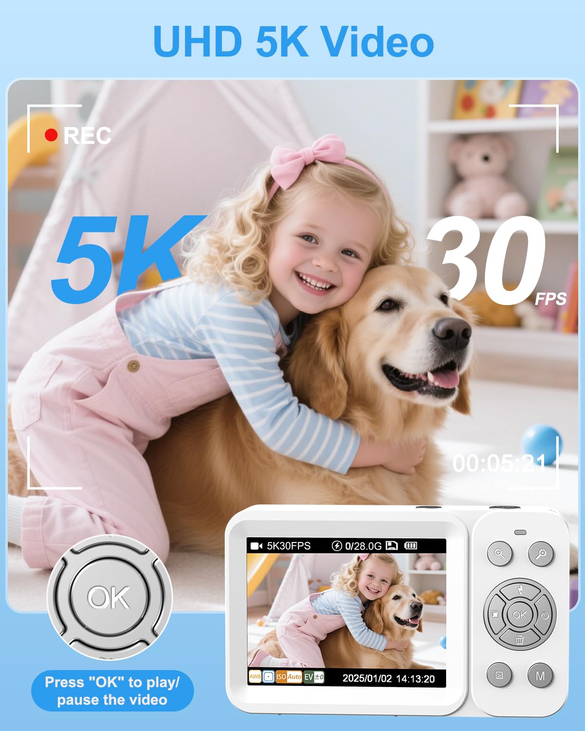 Digital Camera, 5K Vlogging Camera for Photography, 80MP Dual Screen Point and Shoot Digital Camera with Auto Focus, 18X Zoom, Flash, 2 Batteries, 32GB Card for Teens and Adults (White)