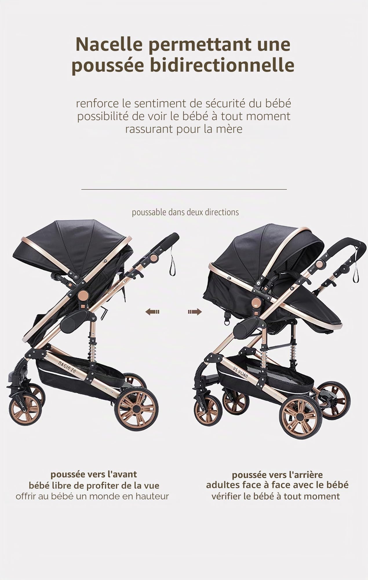 MoLi Poussette 3 en 1, poussette avec mode double poussée réversible, buggy avec grande nacelle confortable, poussette combinée 3 en 1, cadre en alliage d'aluminium, pliable, haute paysage (739 kaki)