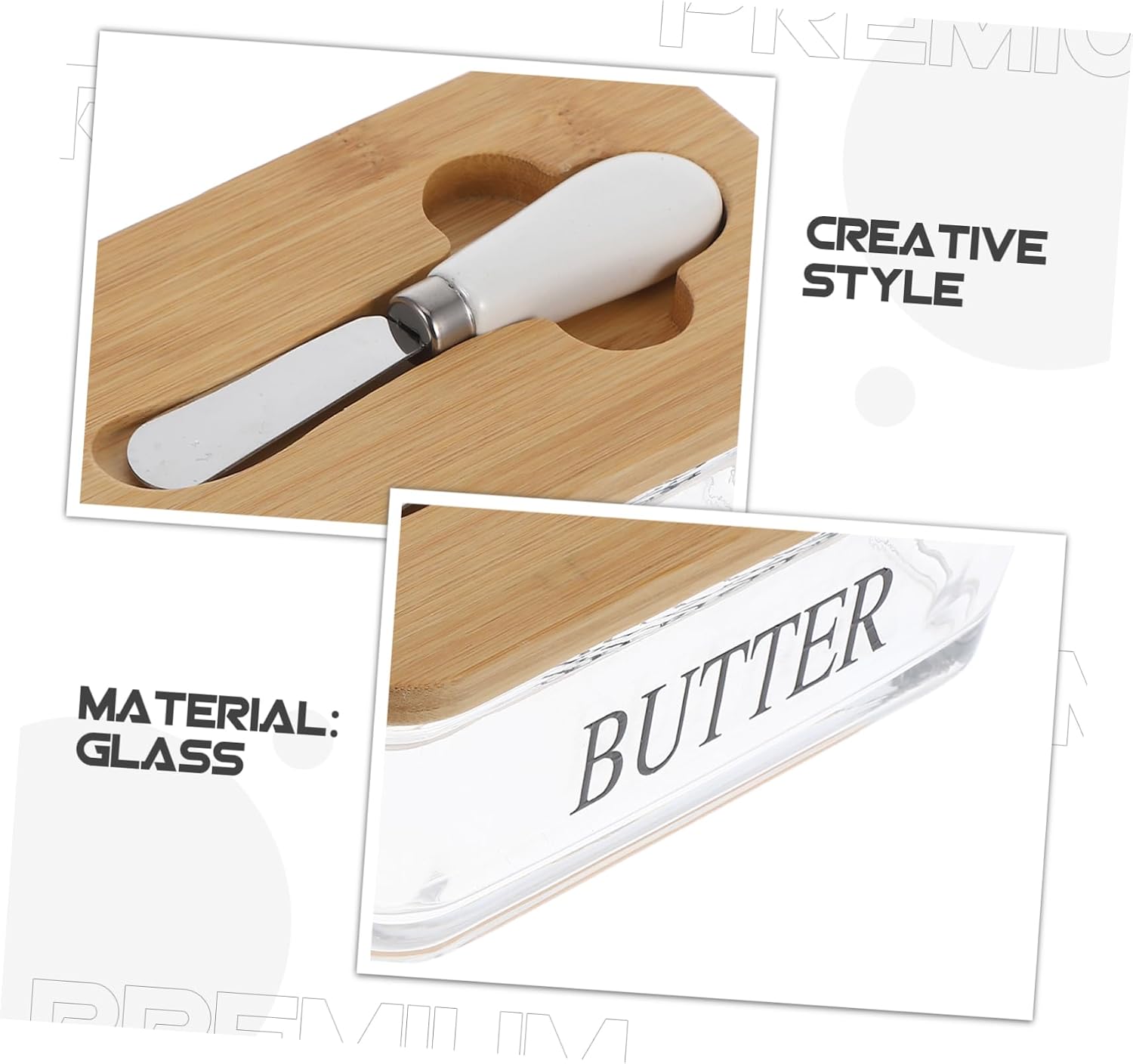 Glass Butter Dish Cover Airtight Lid Slicer for Counter Vintage Style Bamboo Lid Butter Box Knife for Cheese Storage